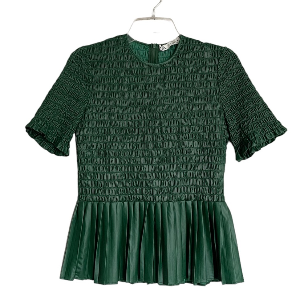 ZARA Faux Leather Peplum Smocked Bodice Top NEW - Picture 6 of 11